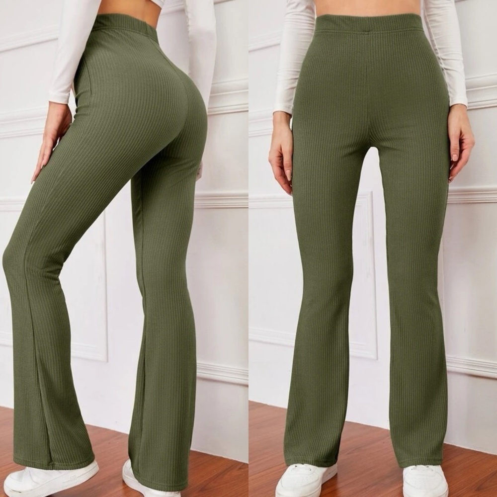 Boho ribbed knit high waisted flared pants minimalist black - Picture 2 of 5